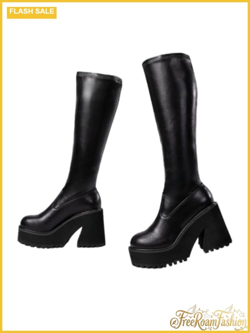 Faux Leather Knee High Platform Boots Chunky Block Heel Slip On Punk